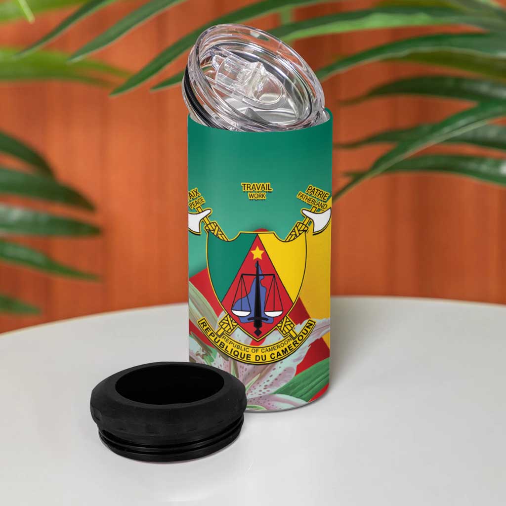 Monument de la Reunification Cameroun 4 in 1 Can Cooler Tumbler Coat Of Arms With Lily Flowers