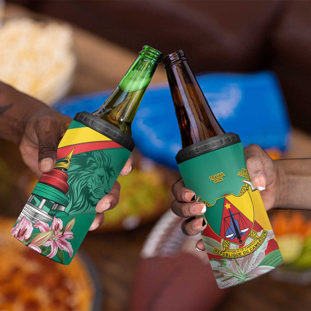 Monument de la Reunification Cameroun 4 in 1 Can Cooler Tumbler Coat Of Arms With Lily Flowers