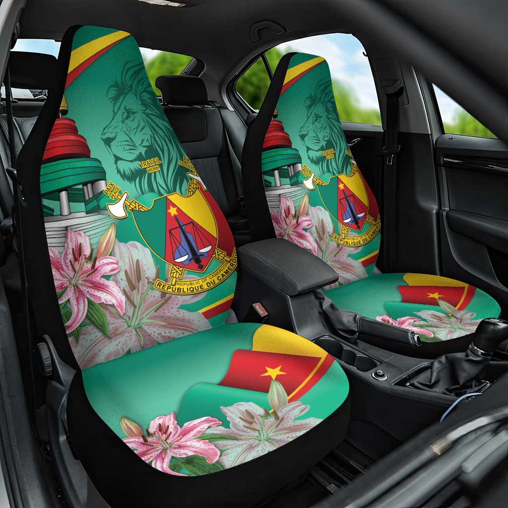 Monument de la Reunification Cameroun Car Seat Cover Coat Of Arms With Lily Flowers
