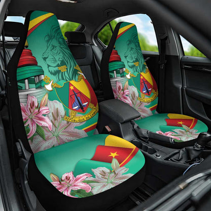 Monument de la Reunification Cameroun Car Seat Cover Coat Of Arms With Lily Flowers