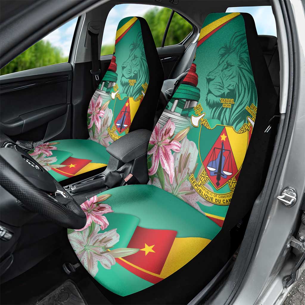 Monument de la Reunification Cameroun Car Seat Cover Coat Of Arms With Lily Flowers