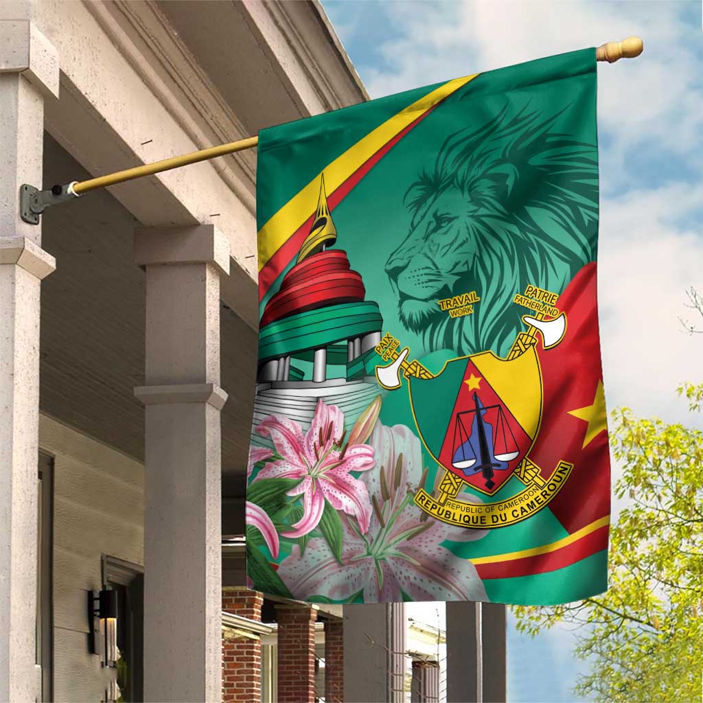 Monument de la Reunification Cameroun Garden Flag Coat Of Arms With Lily Flowers