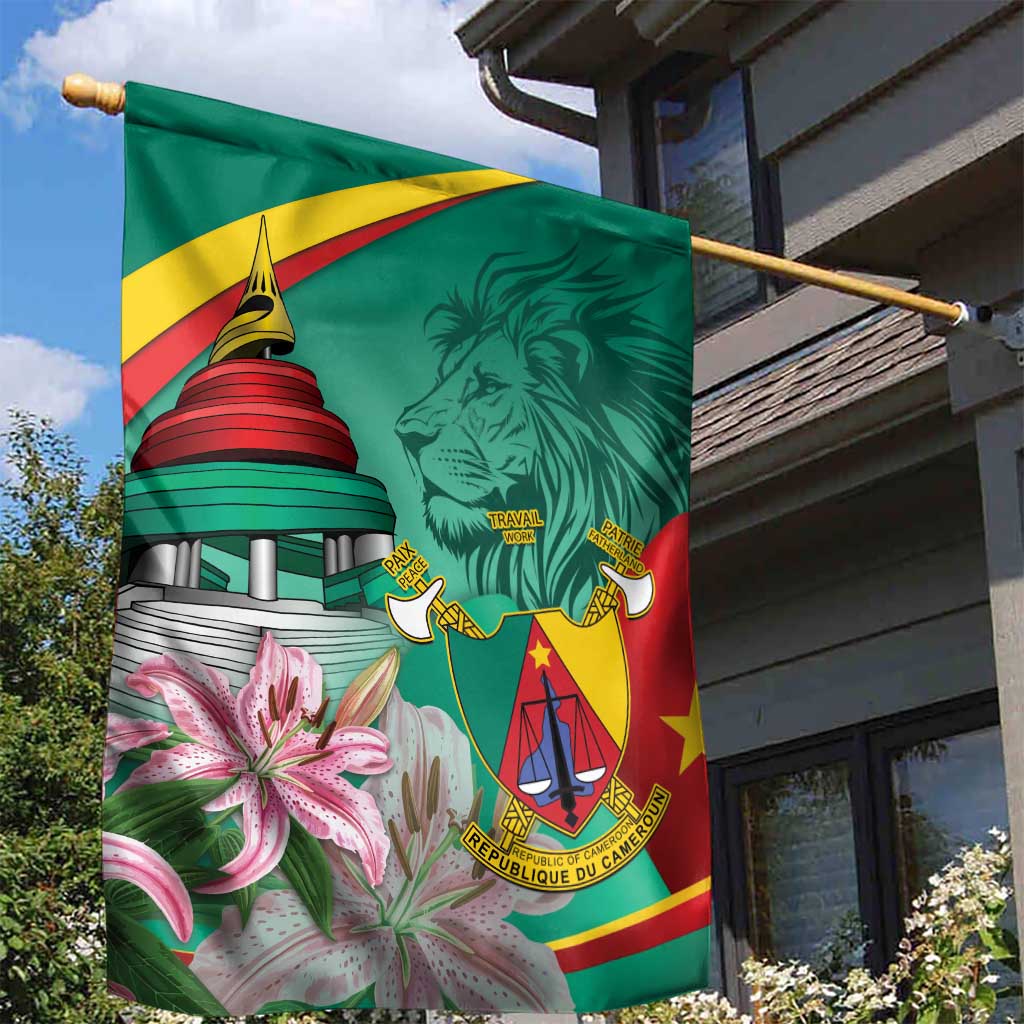Monument de la Reunification Cameroun Garden Flag Coat Of Arms With Lily Flowers