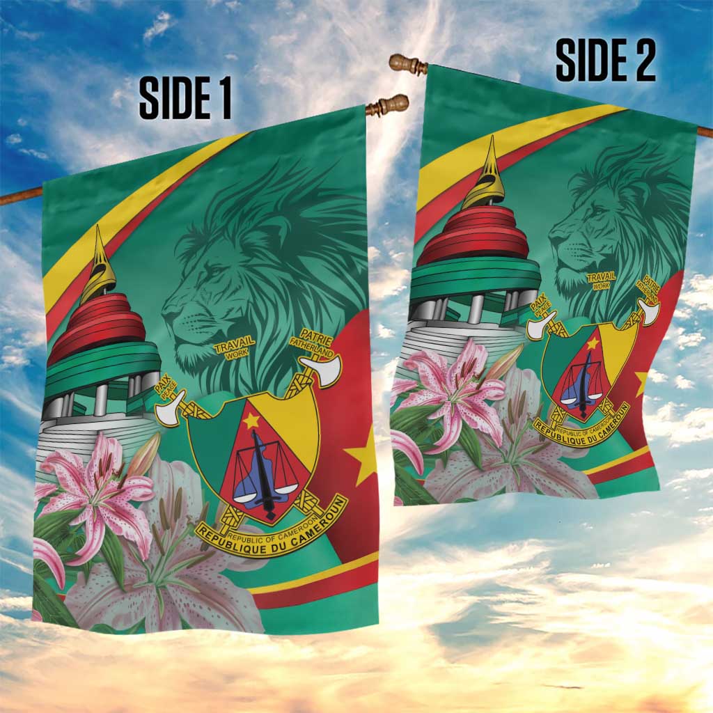 Monument de la Reunification Cameroun Garden Flag Coat Of Arms With Lily Flowers