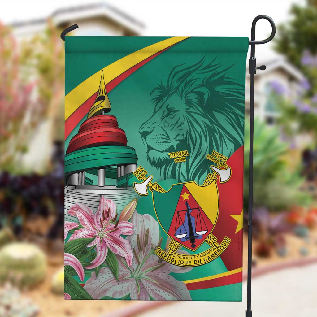 Monument de la Reunification Cameroun Garden Flag Coat Of Arms With Lily Flowers