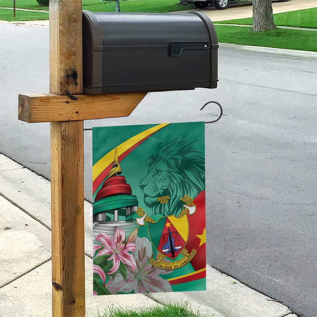 Monument de la Reunification Cameroun Garden Flag Coat Of Arms With Lily Flowers