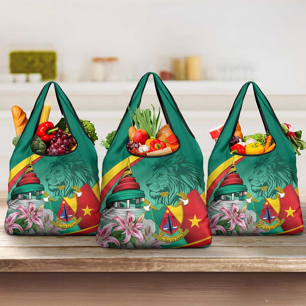 Monument de la Reunification Cameroun Grocery Bag Coat Of Arms With Lily Flowers