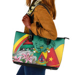 Monument de la Reunification Cameroun Leather Tote Bag Coat Of Arms With Lily Flowers