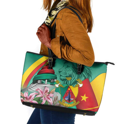 Monument de la Reunification Cameroun Leather Tote Bag Coat Of Arms With Lily Flowers
