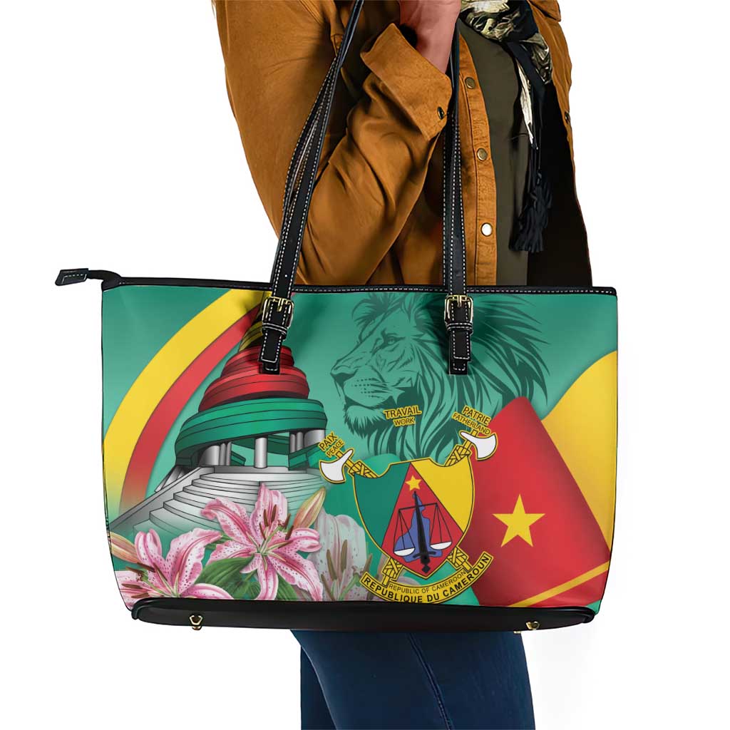 Monument de la Reunification Cameroun Leather Tote Bag Coat Of Arms With Lily Flowers