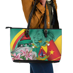 Monument de la Reunification Cameroun Leather Tote Bag Coat Of Arms With Lily Flowers
