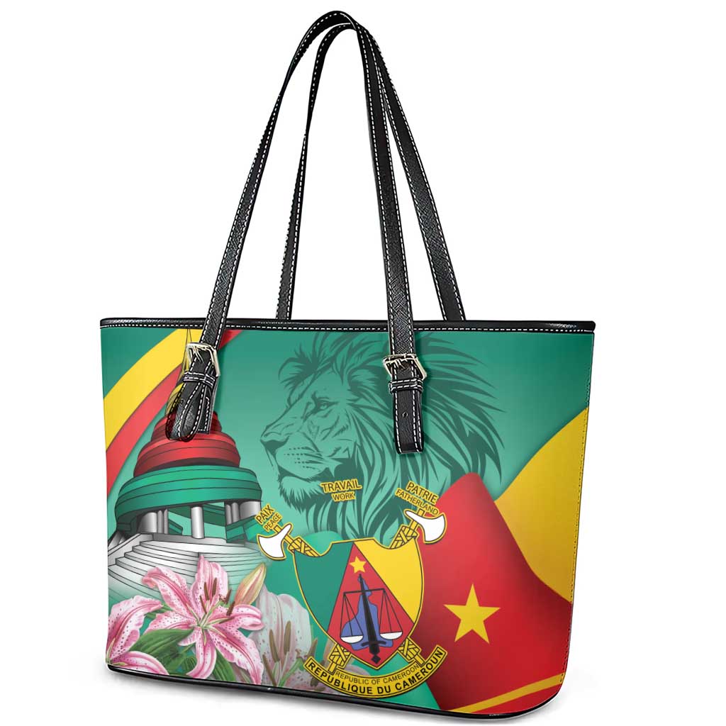 Monument de la Reunification Cameroun Leather Tote Bag Coat Of Arms With Lily Flowers