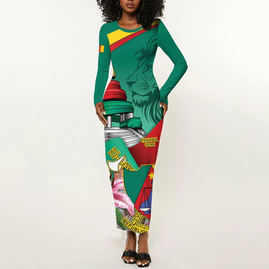 Monument de la Reunification Cameroun Long Sleeve Bodycon Dress Coat Of Arms With Lily Flowers LT14