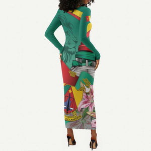 Monument de la Reunification Cameroun Long Sleeve Bodycon Dress Coat Of Arms With Lily Flowers LT14