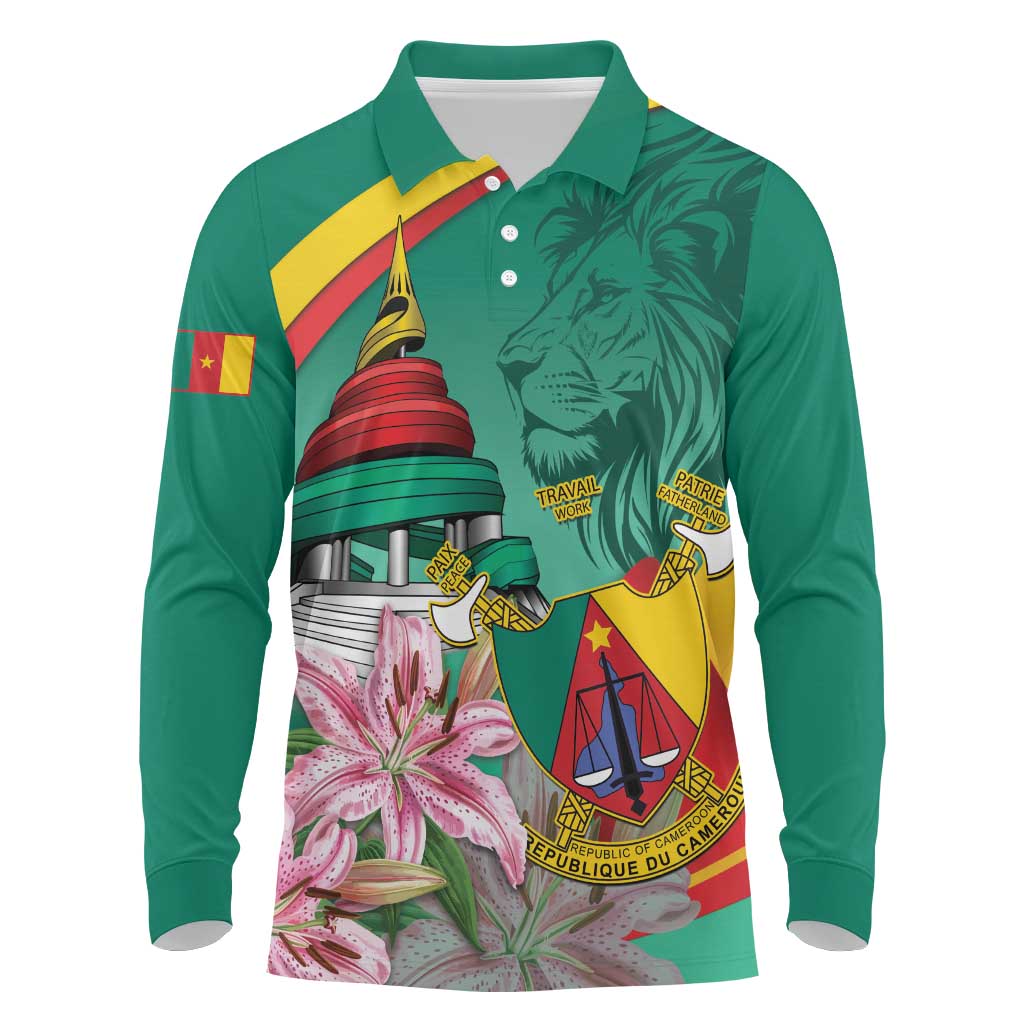 Monument de la Reunification Cameroun Long Sleeve Polo Shirt Coat Of Arms With Lily Flowers