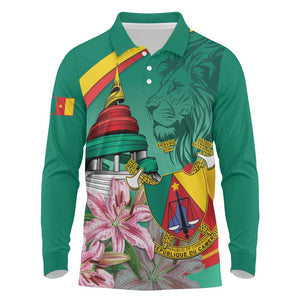Monument de la Reunification Cameroun Long Sleeve Polo Shirt Coat Of Arms With Lily Flowers