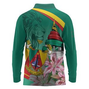 Monument de la Reunification Cameroun Long Sleeve Polo Shirt Coat Of Arms With Lily Flowers
