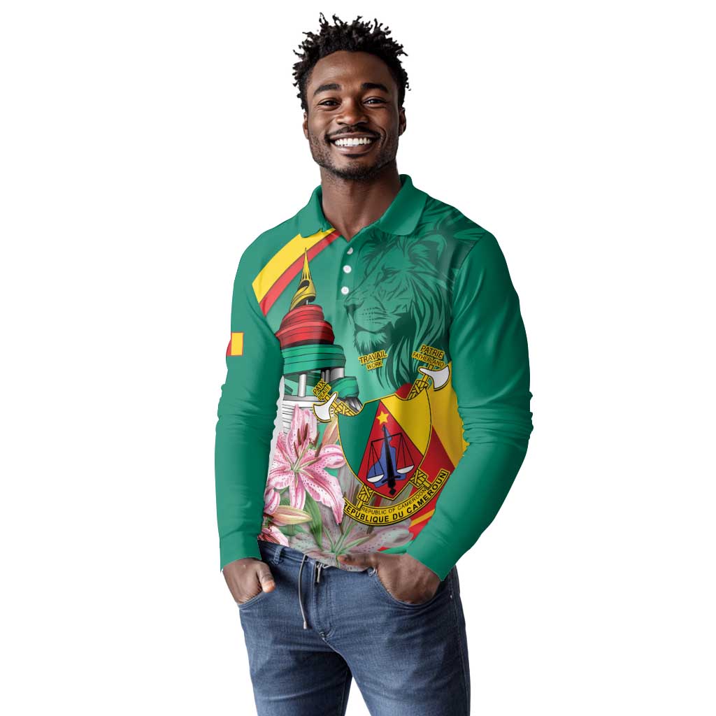 Monument de la Reunification Cameroun Long Sleeve Polo Shirt Coat Of Arms With Lily Flowers