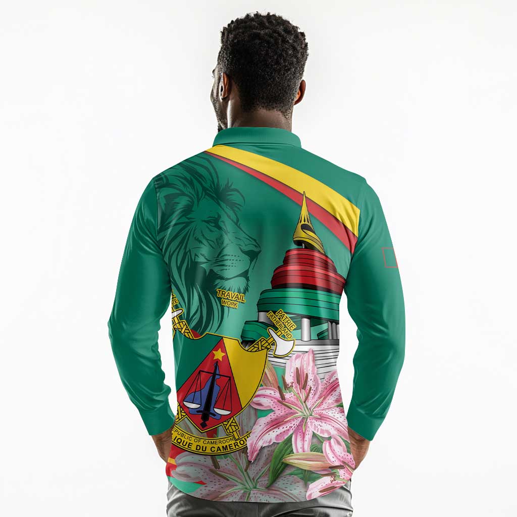 Monument de la Reunification Cameroun Long Sleeve Polo Shirt Coat Of Arms With Lily Flowers