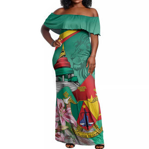 Monument de la Reunification Cameroun Off Shoulder Maxi Dress Coat Of Arms With Lily Flowers
