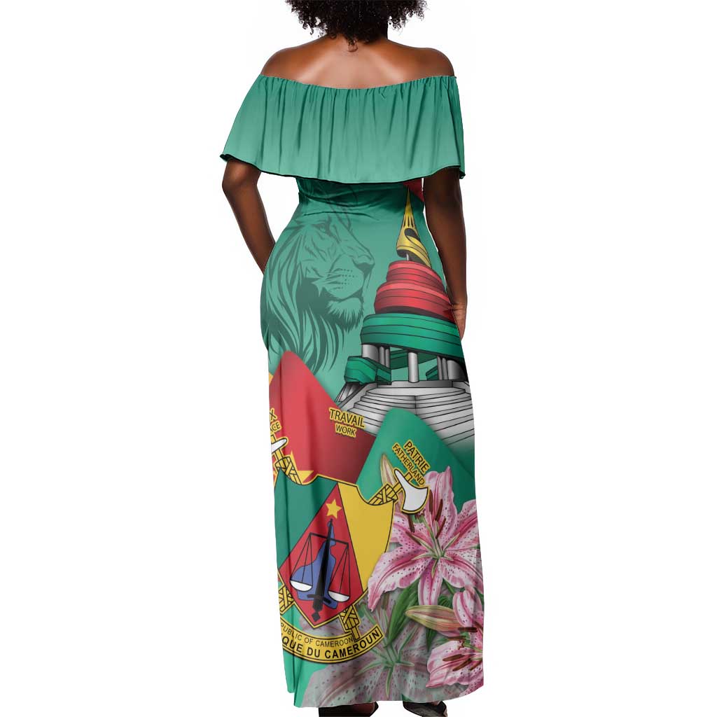 Monument de la Reunification Cameroun Off Shoulder Maxi Dress Coat Of Arms With Lily Flowers