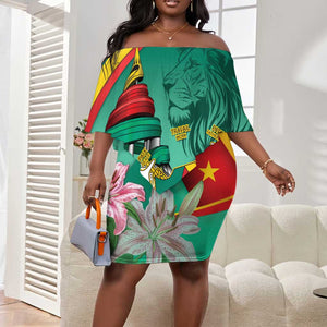 Monument de la Reunification Cameroun Off Shoulder Short Dress Coat Of Arms With Lily Flowers