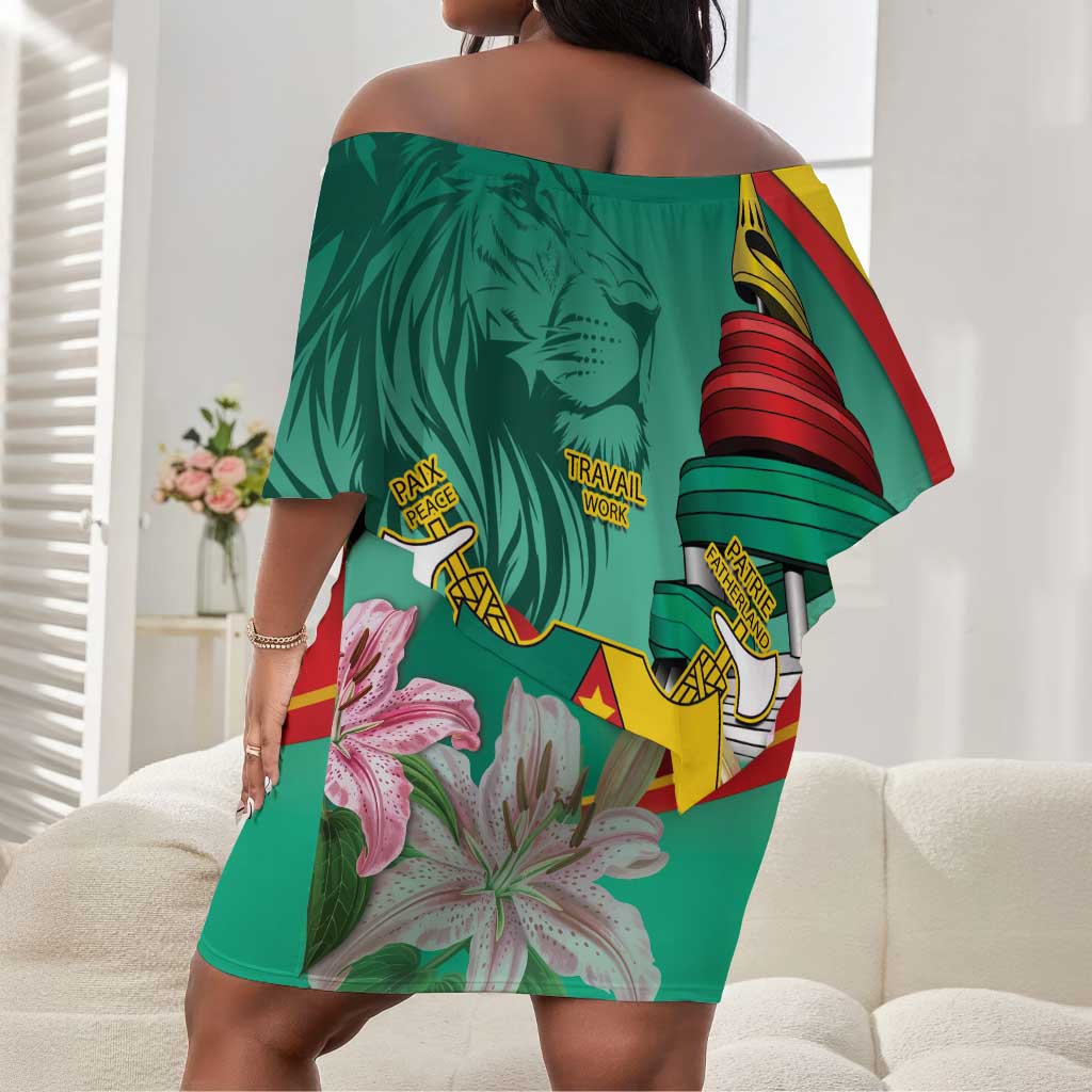 Monument de la Reunification Cameroun Off Shoulder Short Dress Coat Of Arms With Lily Flowers