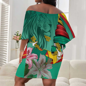 Monument de la Reunification Cameroun Off Shoulder Short Dress Coat Of Arms With Lily Flowers