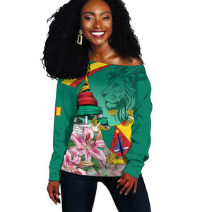Monument de la Reunification Cameroun Off Shoulder Sweater Coat Of Arms With Lily Flowers