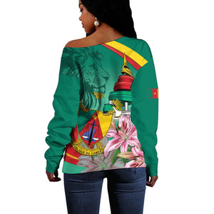 Monument de la Reunification Cameroun Off Shoulder Sweater Coat Of Arms With Lily Flowers