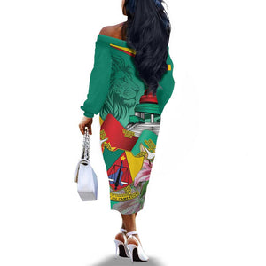 Monument de la Reunification Cameroun Off The Shoulder Long Sleeve Dress Coat Of Arms With Lily Flowers