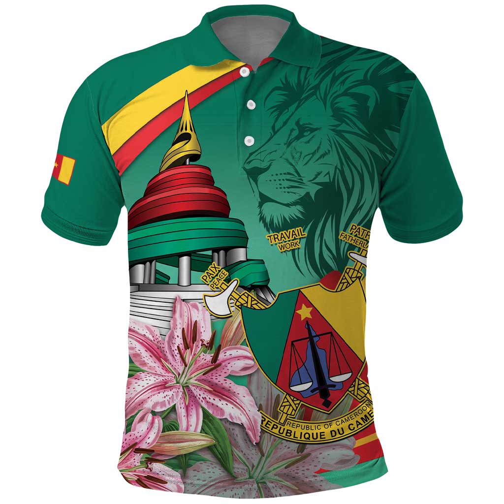 Monument de la Reunification Cameroun Polo Shirt Coat Of Arms With Lily Flowers