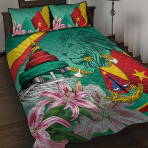 Monument de la Reunification Cameroun Quilt Bed Set Coat Of Arms With Lily Flowers