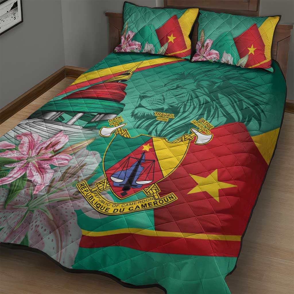 Monument de la Reunification Cameroun Quilt Bed Set Coat Of Arms With Lily Flowers