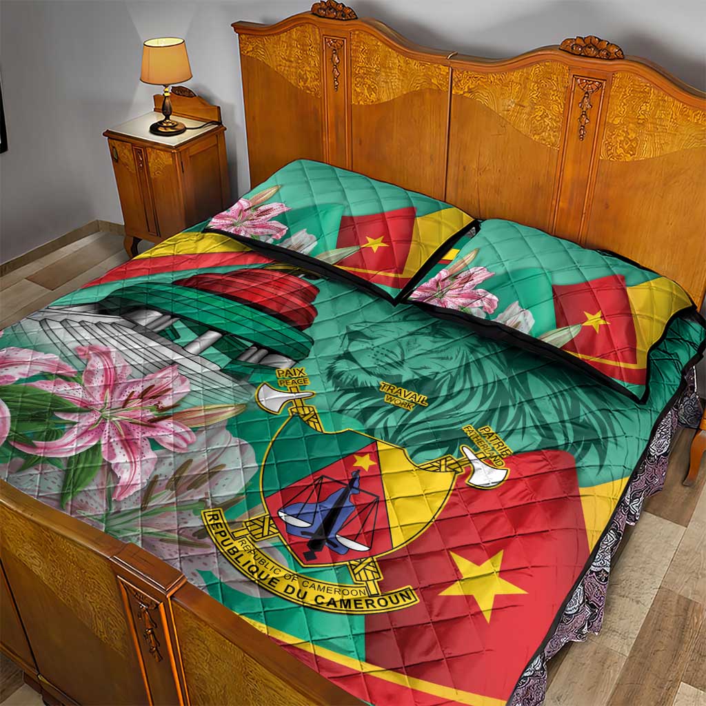 Monument de la Reunification Cameroun Quilt Bed Set Coat Of Arms With Lily Flowers