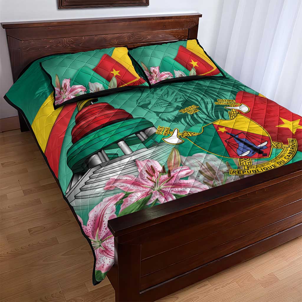 Monument de la Reunification Cameroun Quilt Bed Set Coat Of Arms With Lily Flowers