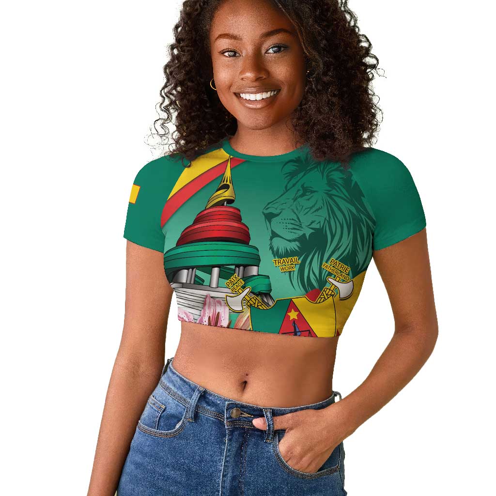 Monument de la Reunification Cameroun Raglan Cropped T shirt Coat Of Arms With Lily Flowers