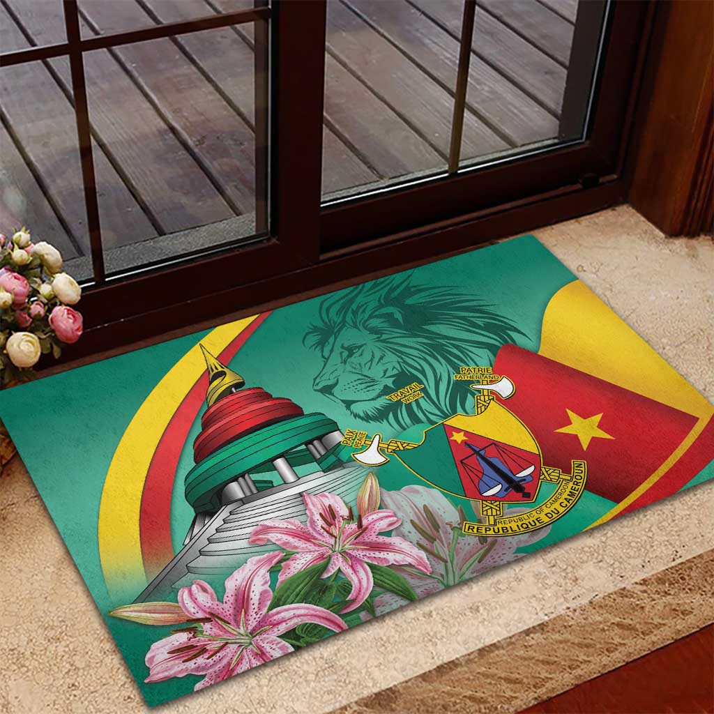 Monument de la Reunification Cameroun Rubber Doormat Coat Of Arms With Lily Flowers