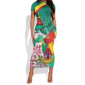 Monument de la Reunification Cameroun Short Sleeve Bodycon Dress Coat Of Arms With Lily Flowers LT14