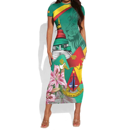 Monument de la Reunification Cameroun Short Sleeve Bodycon Dress Coat Of Arms With Lily Flowers LT14