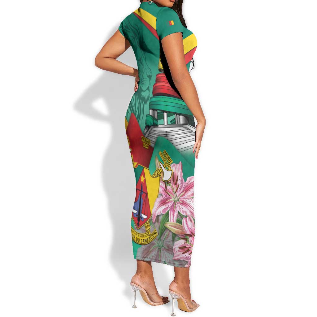Monument de la Reunification Cameroun Short Sleeve Bodycon Dress Coat Of Arms With Lily Flowers LT14