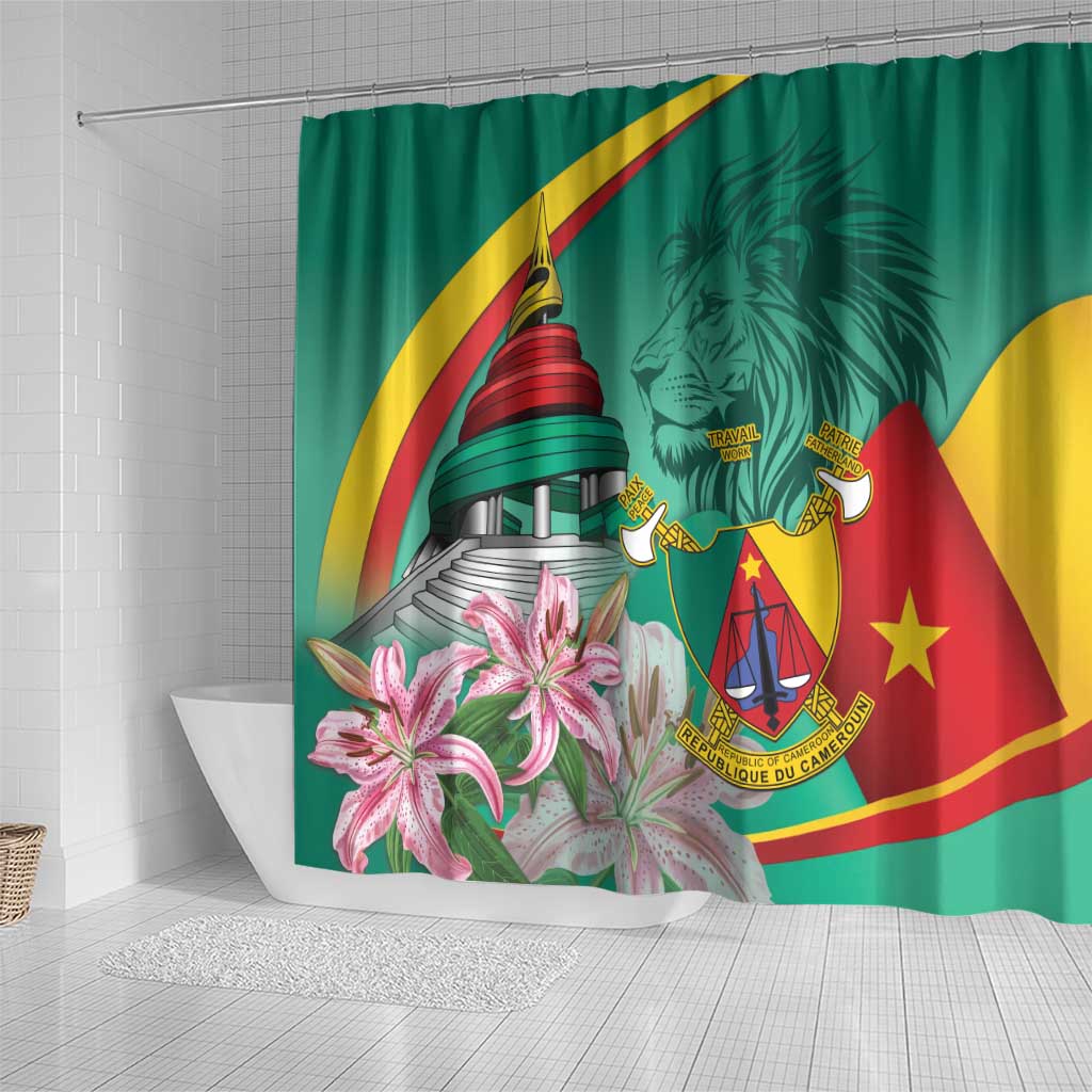 Monument de la Reunification Cameroun Shower Curtain Coat Of Arms With Lily Flowers