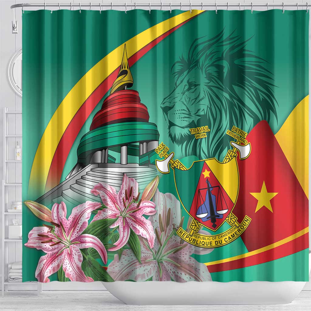 Monument de la Reunification Cameroun Shower Curtain Coat Of Arms With Lily Flowers