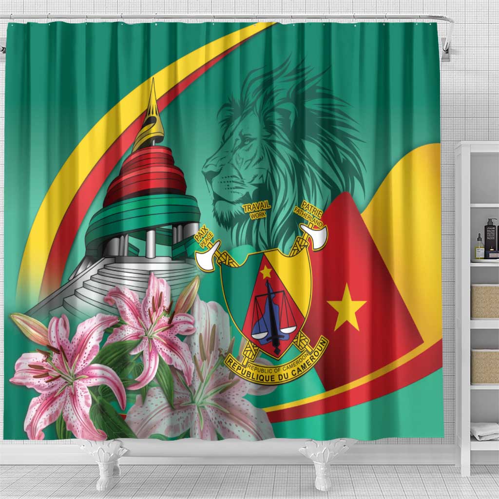 Monument de la Reunification Cameroun Shower Curtain Coat Of Arms With Lily Flowers