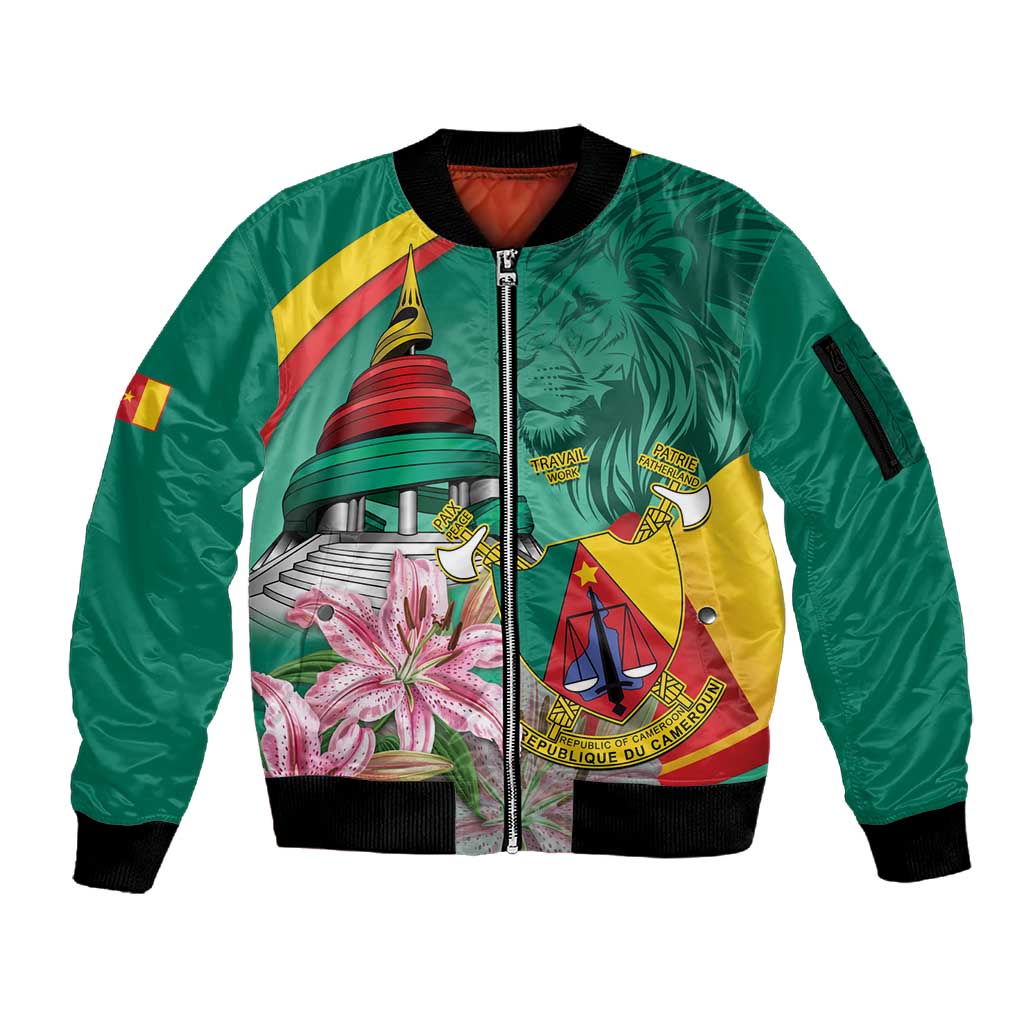 Monument de la Reunification Cameroun Sleeve Zip Bomber Jacket Coat Of Arms With Lily Flowers