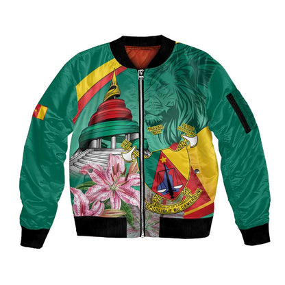 Monument de la Reunification Cameroun Sleeve Zip Bomber Jacket Coat Of Arms With Lily Flowers