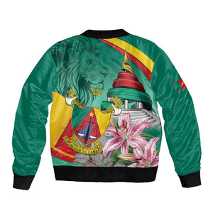 Monument de la Reunification Cameroun Sleeve Zip Bomber Jacket Coat Of Arms With Lily Flowers