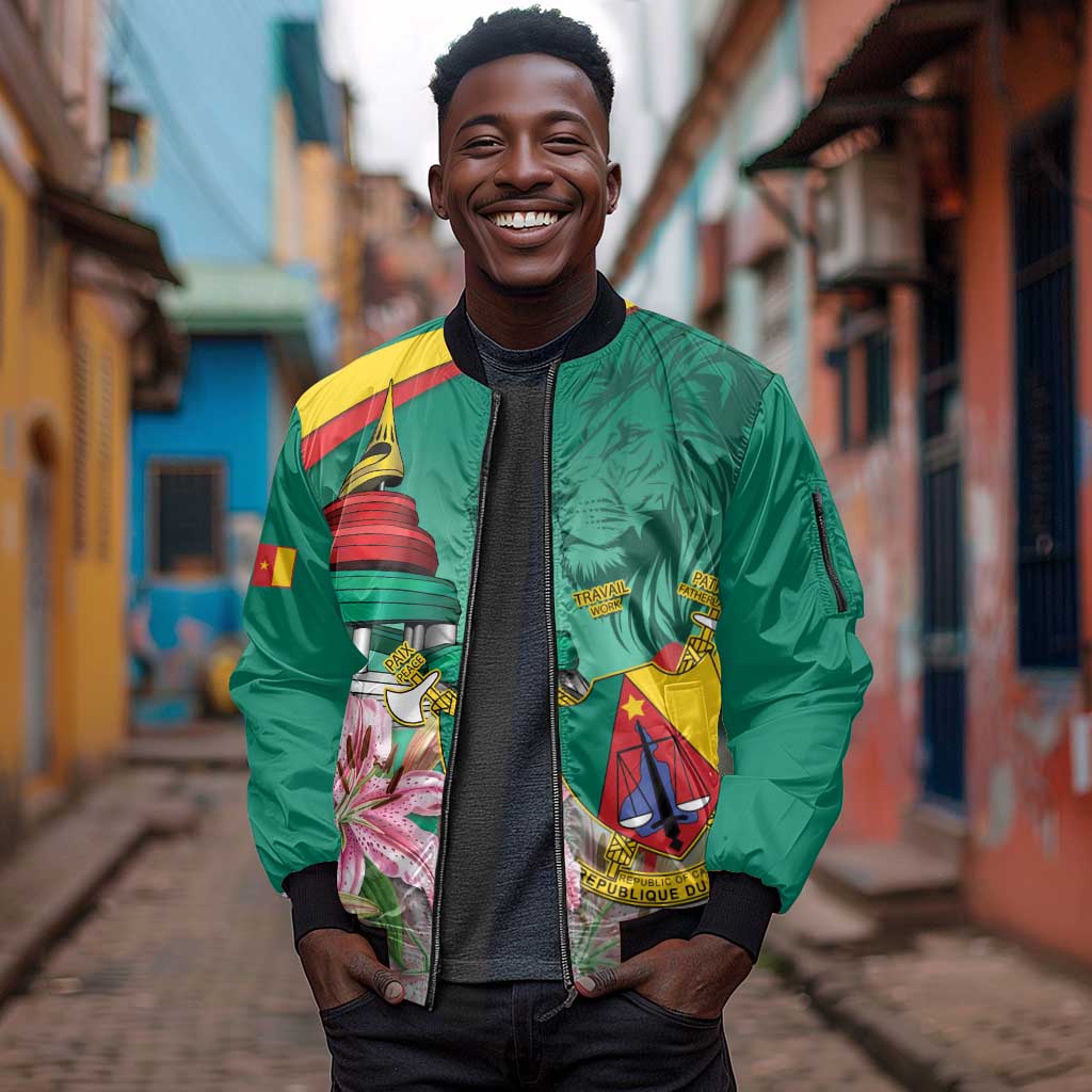 Monument de la Reunification Cameroun Sleeve Zip Bomber Jacket Coat Of Arms With Lily Flowers