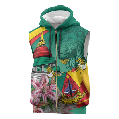 Monument de la Reunification Cameroun Sleeveless Zip Hoodie Coat Of Arms With Lily Flowers - African Pride