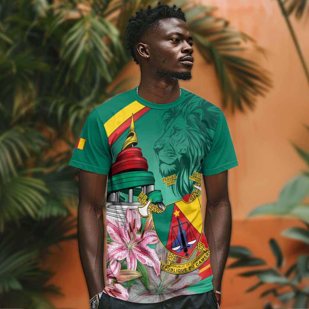 Monument de la Reunification Cameroun T shirt Coat Of Arms With Lily Flowers
